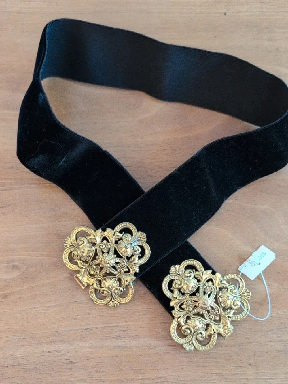 Vintage 1960s, Gold Filigree Statement Buckle Belt - Black Velvet Elastic